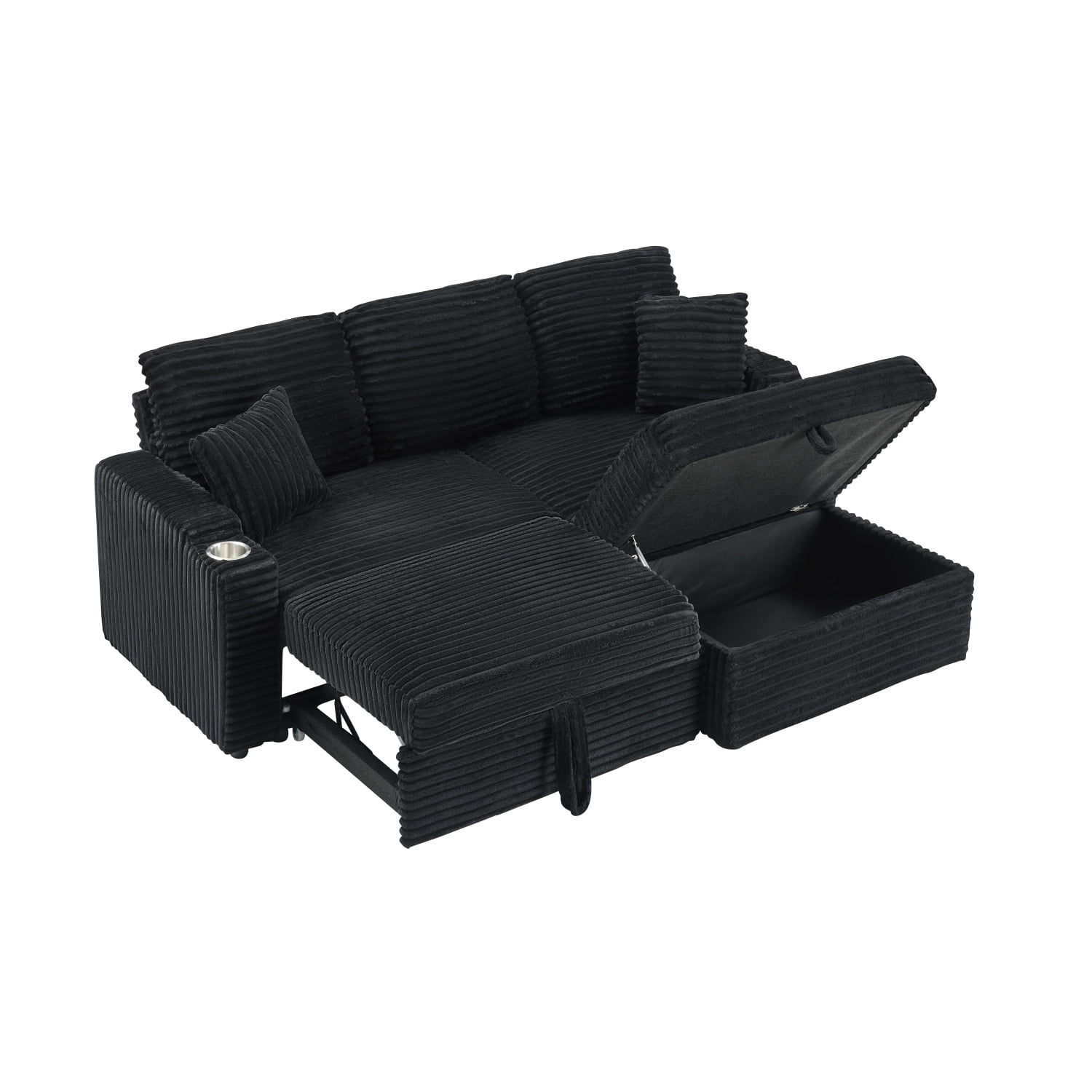Leumius Modern Sleeper Sofa with Pull-Out Bed,Corduroy Multi-Function Sofa with Hidden Reclining,Cup Holders and Removable Footstool for Living Room,Black