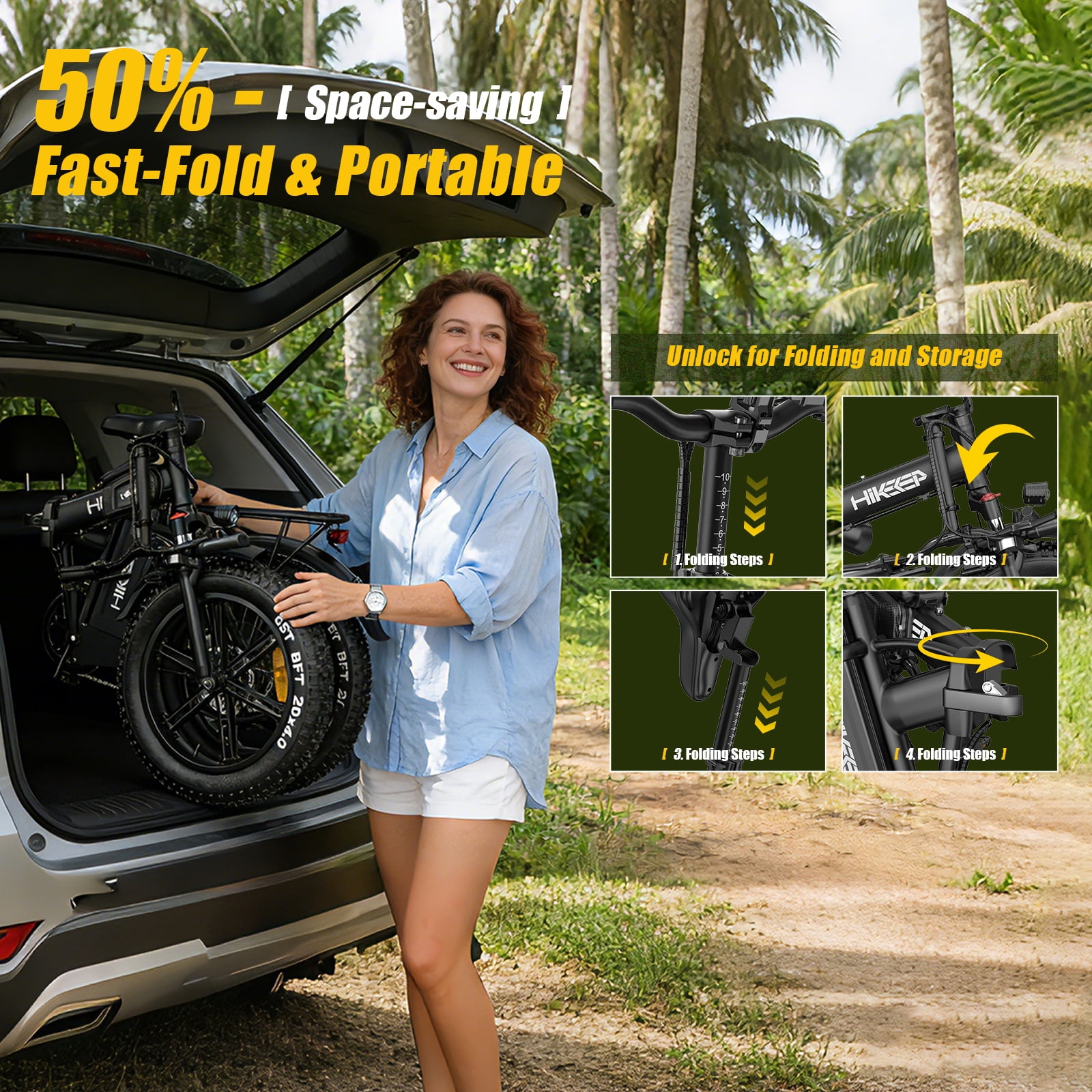 Step-Thru Folding Electric Bike for Adults, 20"×4.0 Fat Tire Ebike with Front Suspension, 48V 25Ah UL2849 Battery, 1500W Peak, 28MPH, Black