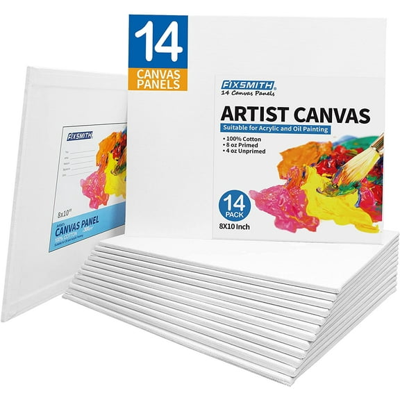 FIXSMITH Canvas Panels 14 Pack - 8 x 10 Inch Painting Canvas Panel Boards - 100% Cotton Primed Canvases - Super Value Pack - Artist Canvas Board for Acrylic, Oil & Tempera Painting