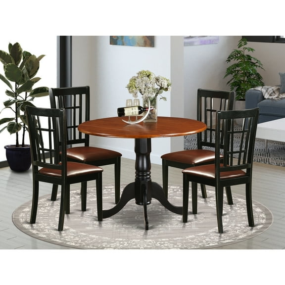 City Chic 5 Piece Dining Set - Round Table & 4 Faux Leather Chairs - 42 Inch - Black & Cherry