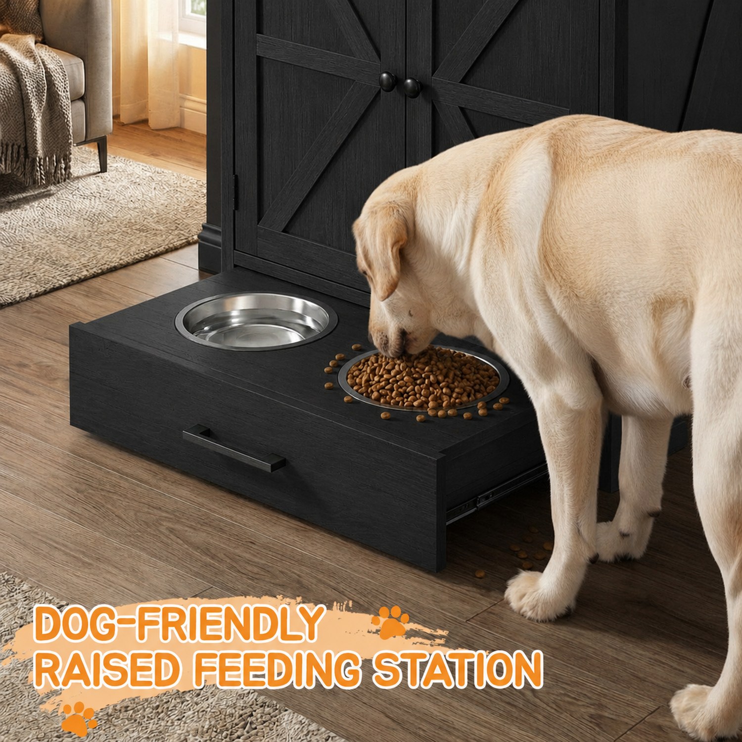Dog Feeding Station with Storage Cabinet, Pet Feeder Station Cabinet with 3 Side Hooks, Raised 2 Elevated Dog Bowls & Hidden Pull-Out Drawer