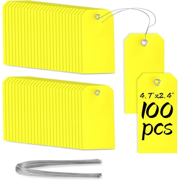 100 etiquetas de plástico amarillas para envíos con alambre, paquete de 100, 11,5 x 6,9 cm, resistentes, impermeables, en blanco, grabables y multiusos.