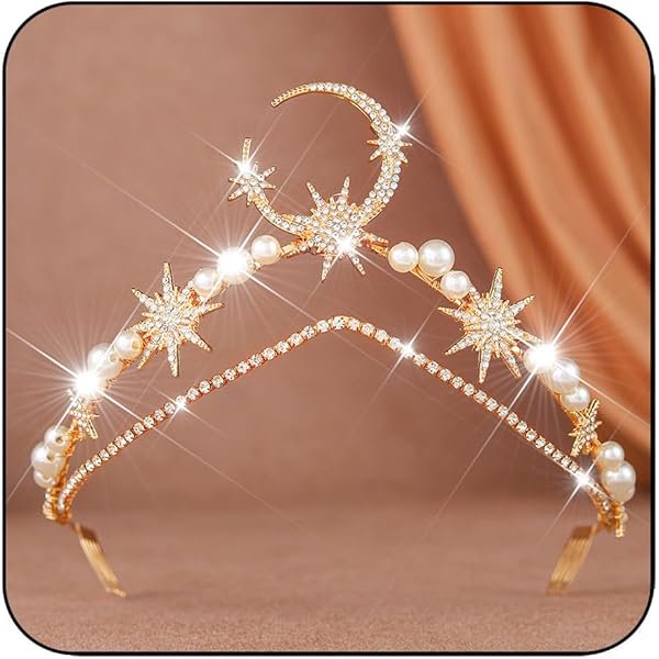 wonima44 Catery Moon Crown Headpiece Goddess Star Tiara Headband Gold Celestial Headpiece for Women