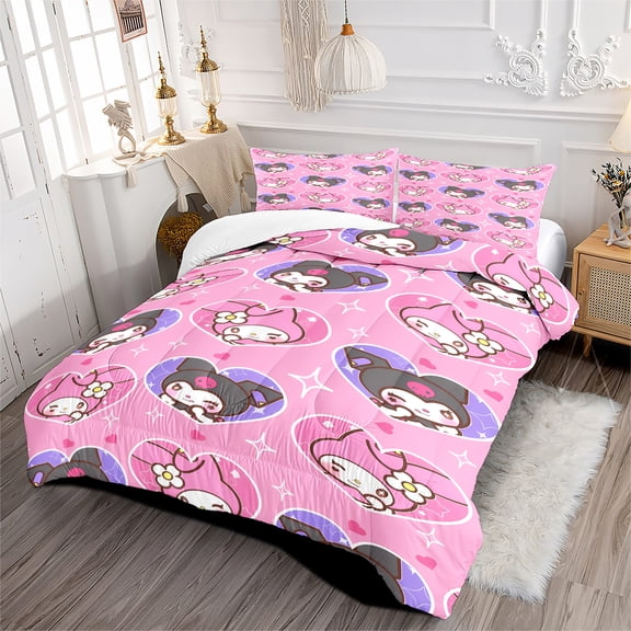 3-Piece Pink Melody Kuromi Bedding Sets with 1 Comforter 2 Pillowcases, Twin Size