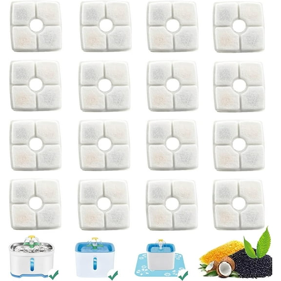 16-Pack Replacement Filters for Cat Fountain, Triple Filtration System Pet Cat Fountain Filter Replacement for 84oz/2.5L Square Automatic Pet Water Fountain