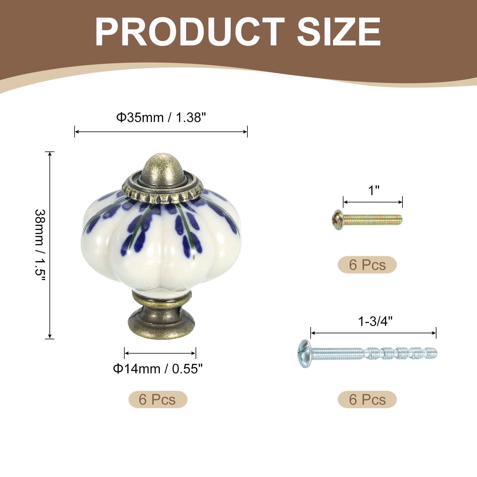 Uxcell 6 Pack Ceramic Knobs, 35mm/1.38" Pumpkin Cabinet Knob Drawer Pull Handle Vintage Drawer Knobs with Screws for Vanity Bedroom Furniture Closet, Multicolor Willow Leaf