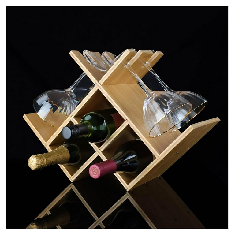 Lwory Countertop Wine Rack with Glass Holder 3 Bottle Bamboo Wine Storage Racks Small Table Top Wine Holder with Space for 4 Glasses Standing Wooden Bottle Storage Organizer for Bar Top Walmart