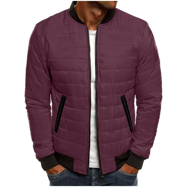 aohooy Manteau Matelassé pour Homme avec Poche à Glissière - Manteau Bomber Matelassé Léger à Manches Longues, Fermeture Éclair Intégrale, Col Montant, Manteau de Randonnée Rouge, P