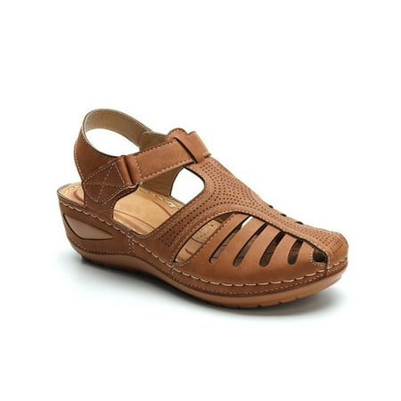 Aimik Soft Leather Closed Toe Sandals Vintage Anti-Slip Summer Beach Outdoor Travel Shoes for Women