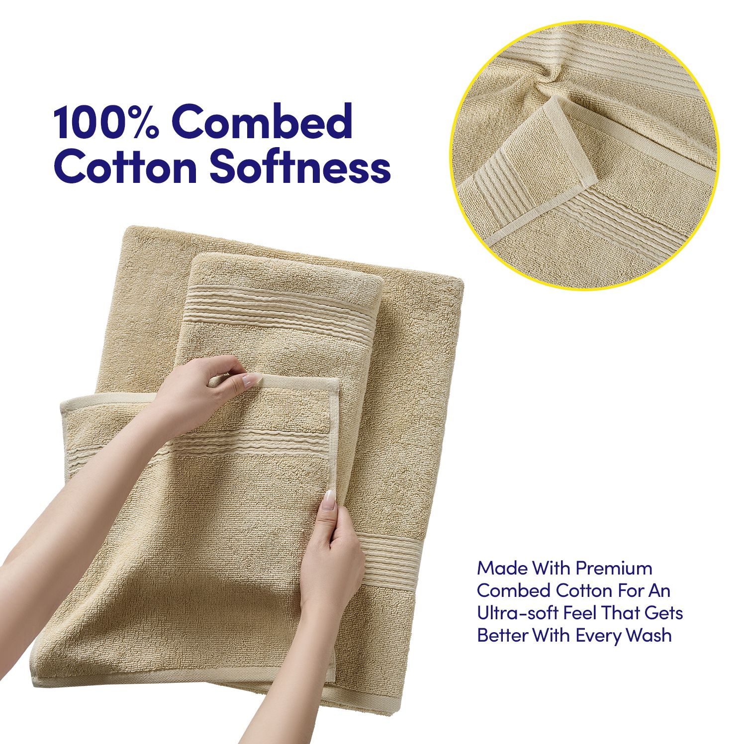 8pc 100% Combed Cotton Towel Set (2 Bath, 2 Hand, 4 Wash) - Beige
