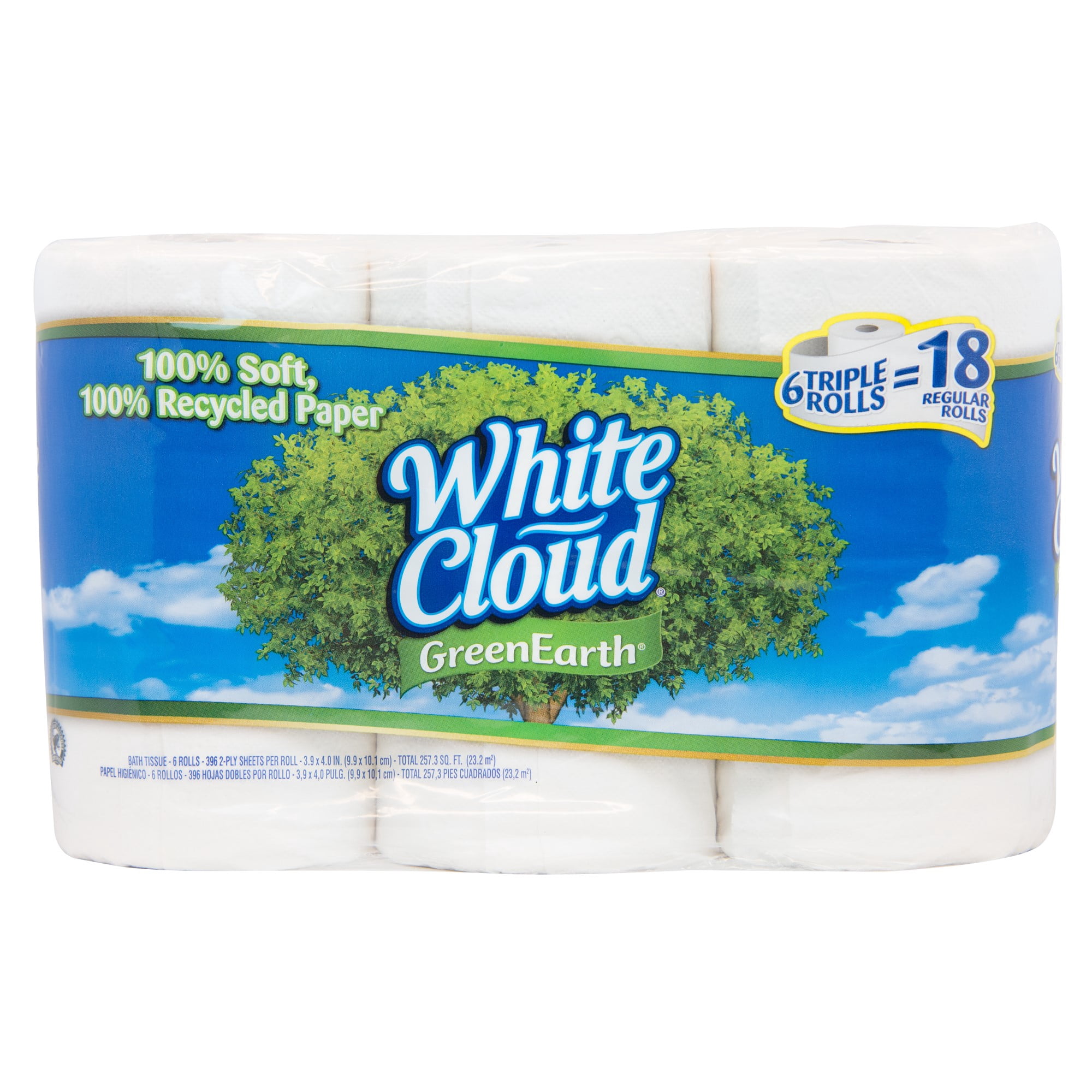 White Cloud GreenEarth, 6 Recycled Triple Roll Toilet Paper, 396 Sheets Each