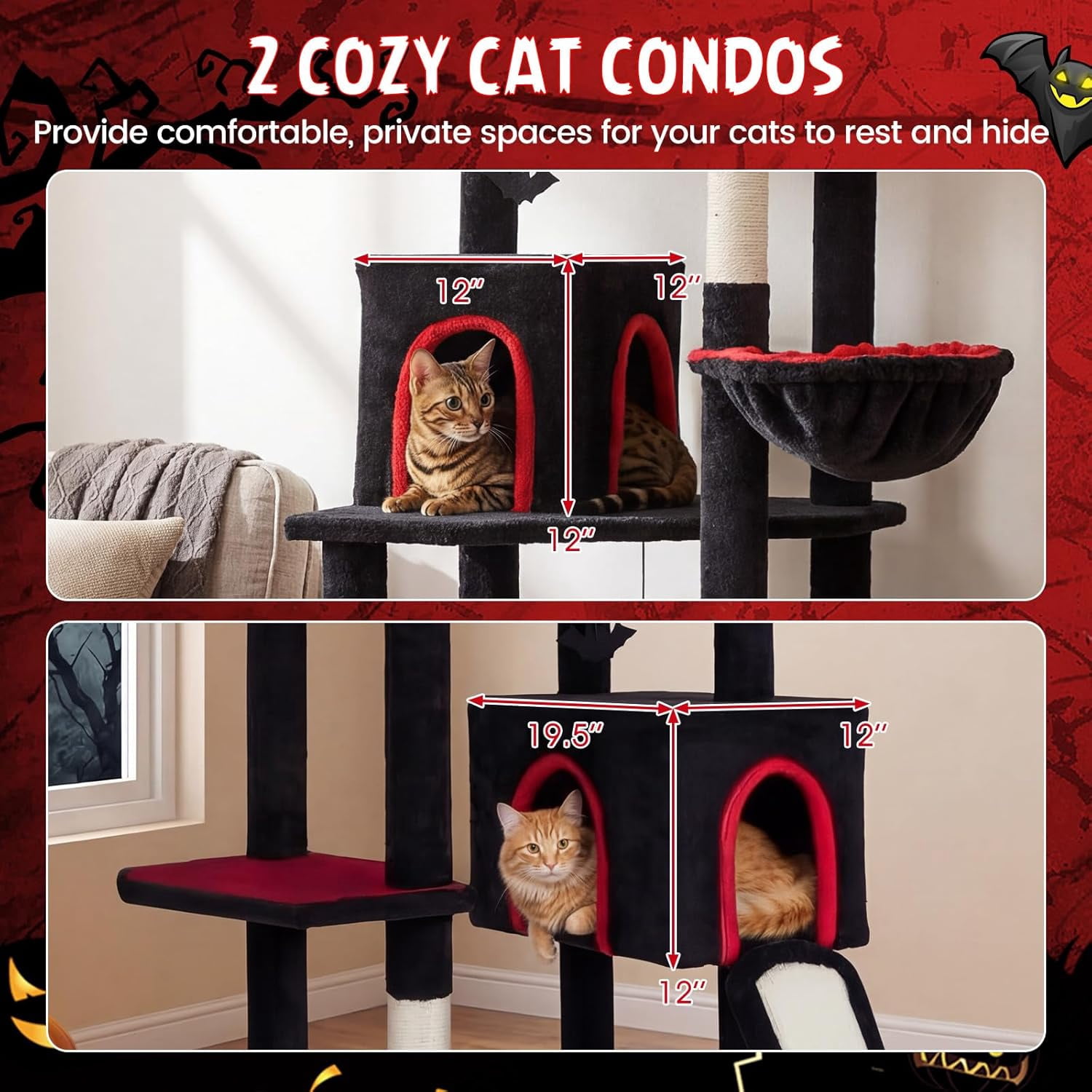 YounGG Gothic Cat Tree, 75" Tall Halloween Cat Tower with Sisal Scratching Posts & Ramp, 2 Condos, Top Perch, Bat Hanging Toys, Basket, Heavy Duty Black Goth Cat Tree for Indoor Large Cats 20+ LBS