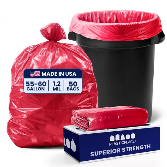 Plasticplace 55-60 Gallon Trash Bags │ 1.2 Mil │ Red Heavy Duty Garbage Can Liners │ 38” x 58” (50 Count)