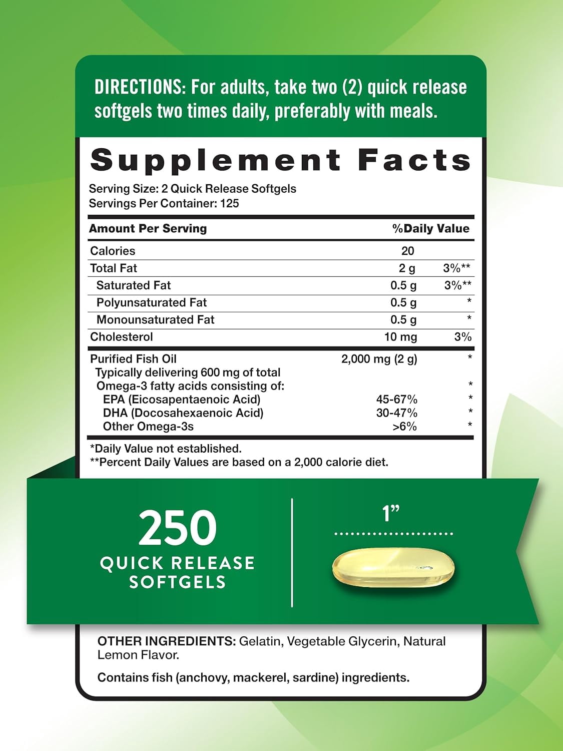 Fish Oil Omega 3 | 2000mg | 250 Softgels | Burpless | Lemon Flavor | by Nature's Truth