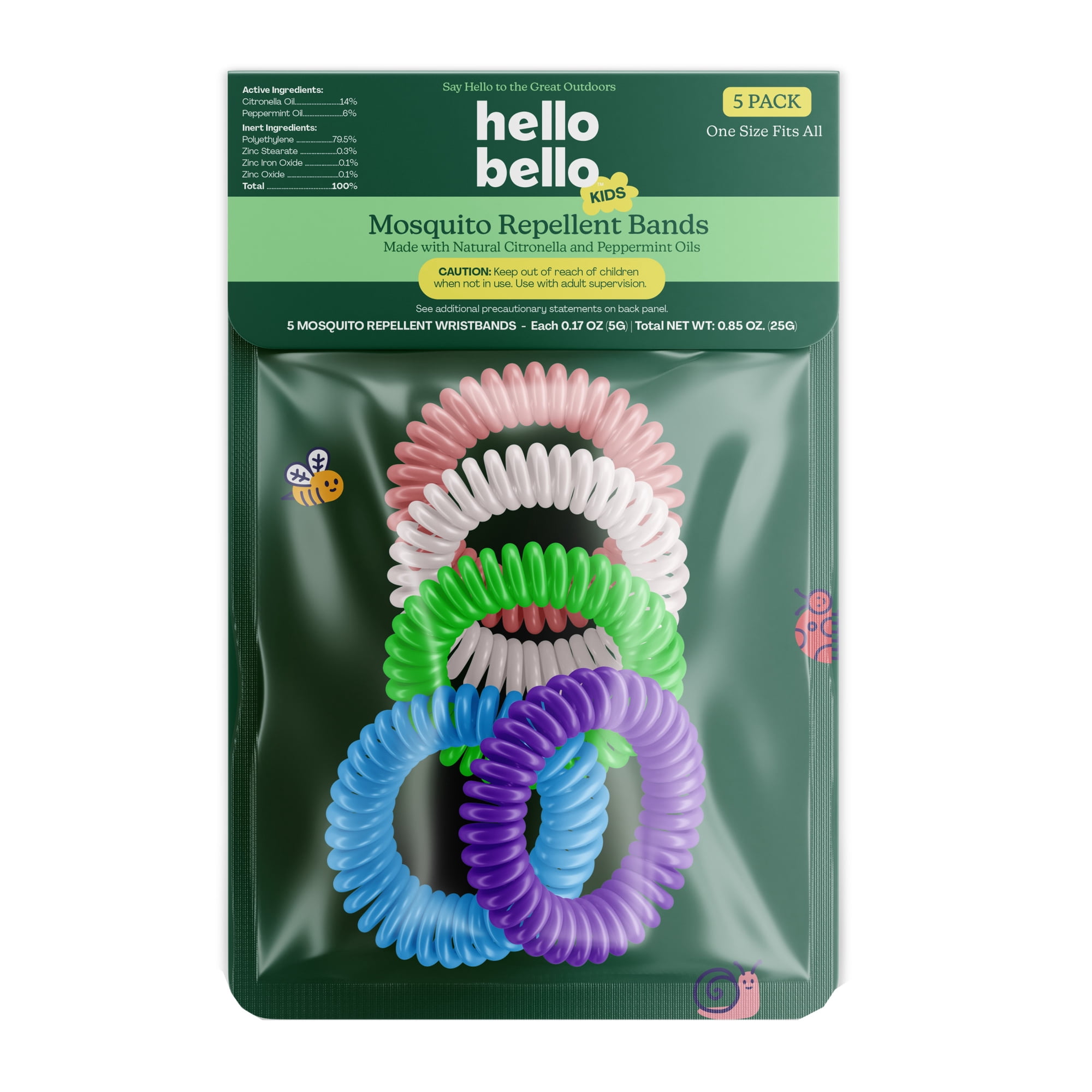 Hello Bello Kids Mosquito Bands with Natural Plant-Based Oils, One Size Fits All, 5 Pack