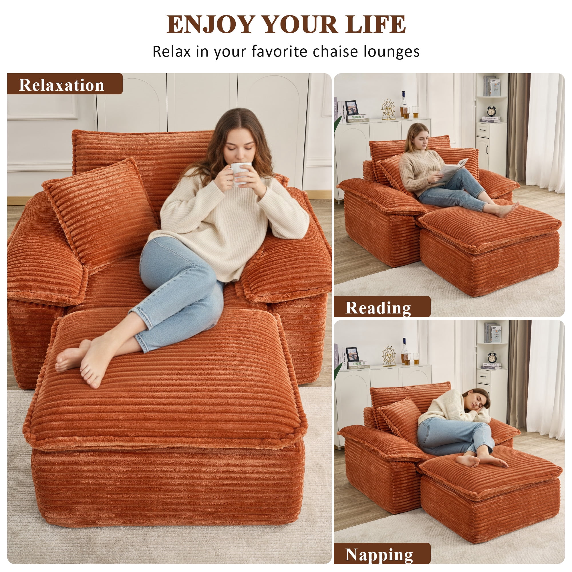 Aukfa 63.5" Oversized Chaise Lounge Sofa with Movable 2-Layer Ottoman, Deep Seat Boneless Couch, Corduroy Lounge Chair, Orange