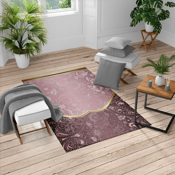 Eastern Turkish Area Rug, Oriental and Abstract Swirly Floral Frame Vintage Style Paisley Pattern, Soft Carpet for Living Room Decor with Distressed Look, 6.6' X 9.6', Pastel Pink, by Ambesonne