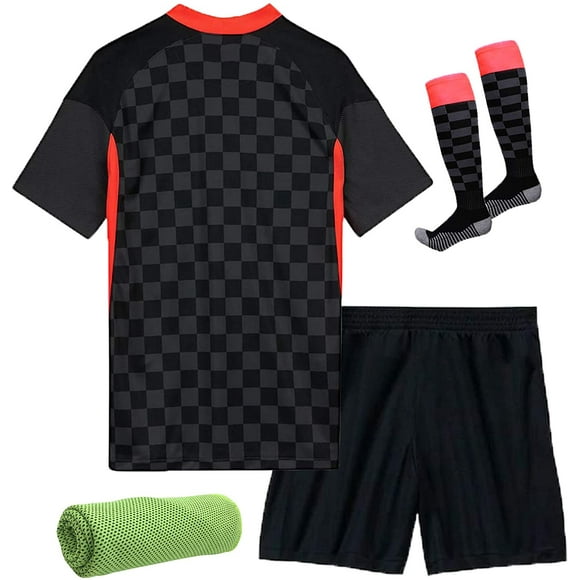 20/21 Kids Youth Soccer Football Third Kit,Short Sleeve Soccer Jersey, Shorts,Socks,Towel,4in1 Gift Set,Plaid Training Suit,Black