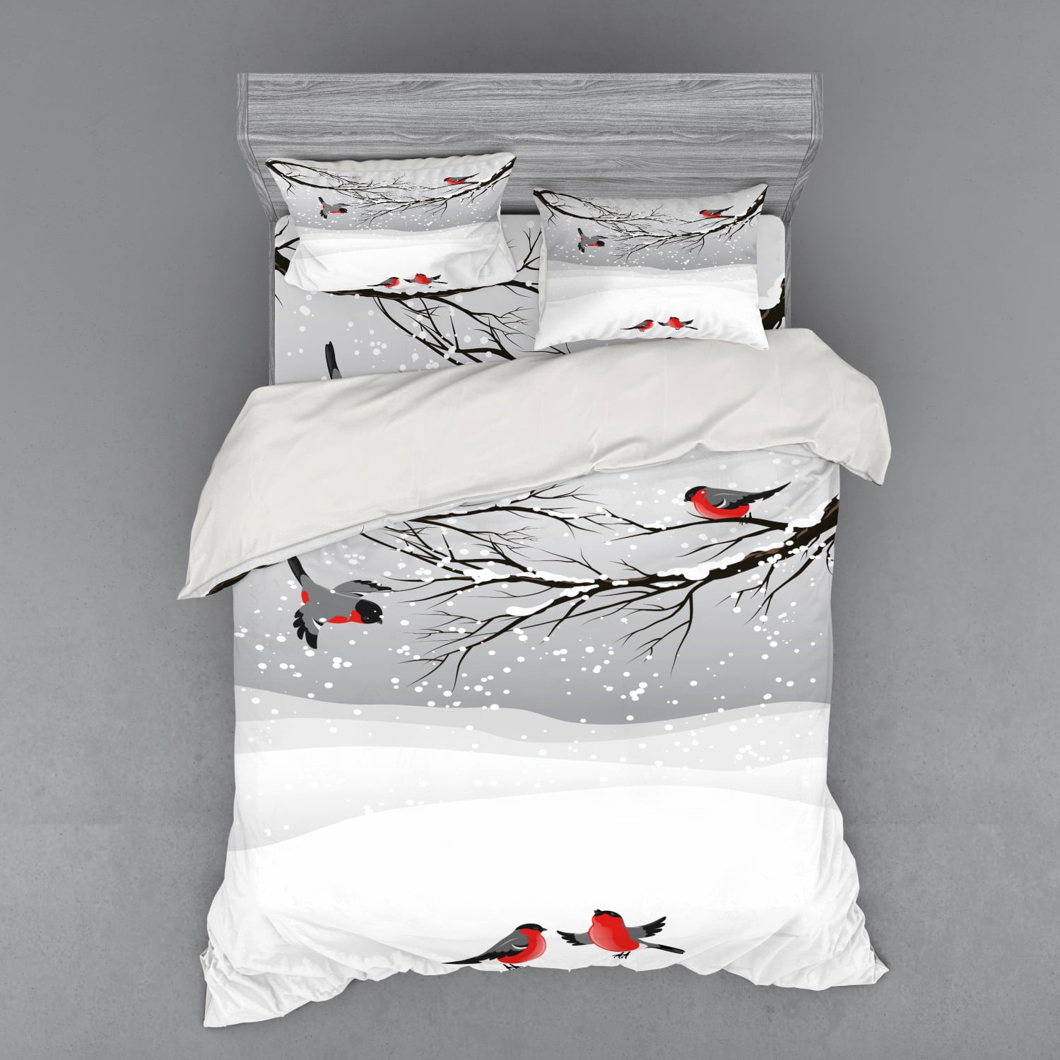 Winter Duvet Cover Set, Winter Season Snow Colorful Happy Birds Cartoon