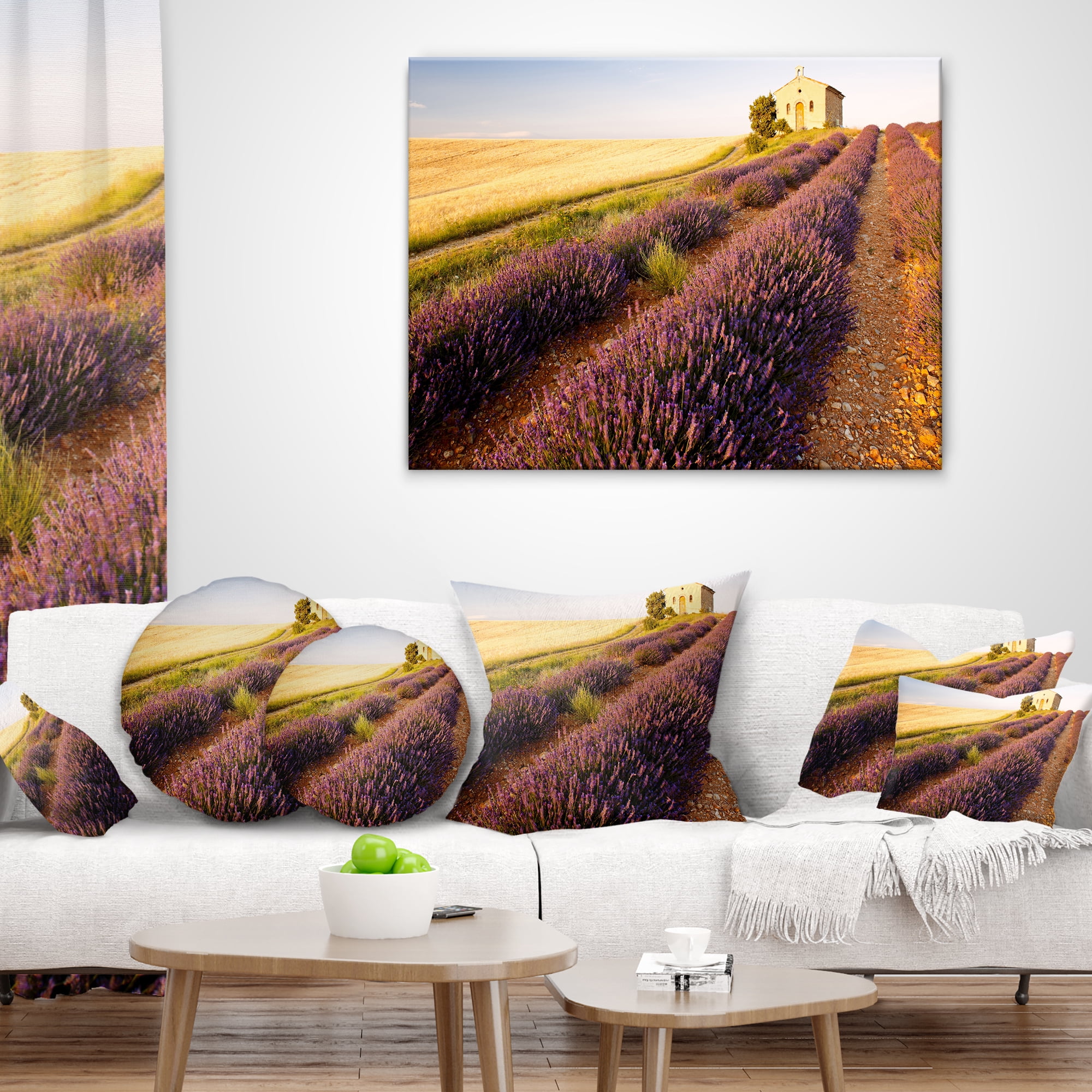 Designart Chapel with Lavender and Grain Field - Flower Throw Pillow - 16x16