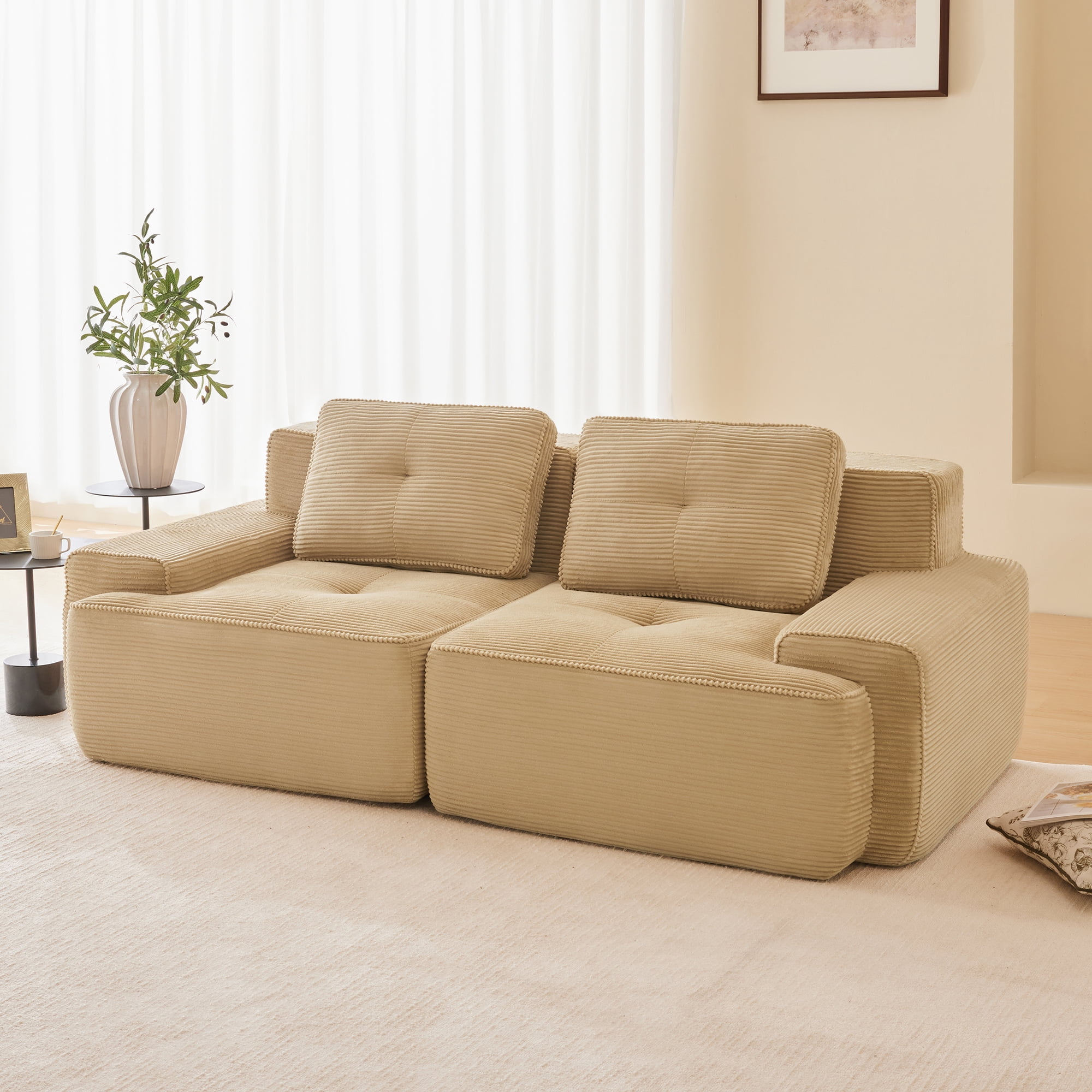 Yoneston 82" Modular Sectional Sofa 2 Seater Couch with Cushions, No Assembly Corduroy Loveseat Sofa for Living Room Bedroom Apartment, Camel