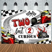 Red Race Car Happy Birthday Backdrop Two Fast 2nd Birthday Decorations Exciting Game Checkered Flag Racing Party Photo Background for Boys Kids Birthday Party Supplies