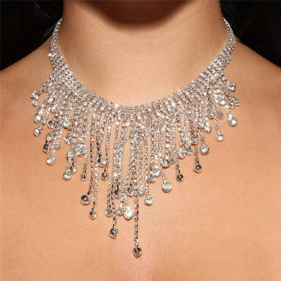 Sparkle Silver Full Tennis Rhinestone Fringe Chain Adjustable Collar Luxury Tassel Crystal Statement Clavicle Choker Necklace for Wedding Women