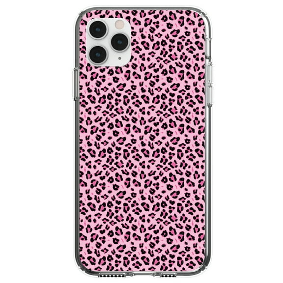 DistinctInk Clear Shockproof Hybrid Case for iPhone 13 (6.1" Screen) - TPU Bumper, Acrylic Back, Tempered Glass Screen Protector - Black Pink Leopard Skin Spots