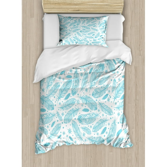 Feather Twin Size Duvet Cover Set, Vintage Monochrome Ethnic Pattern of Quills and Sun Motifs Aztec Design, Decorative 2 Piece Bedding Set with 1 Pillow Sham, Pale Blue and White, by Ambesonne