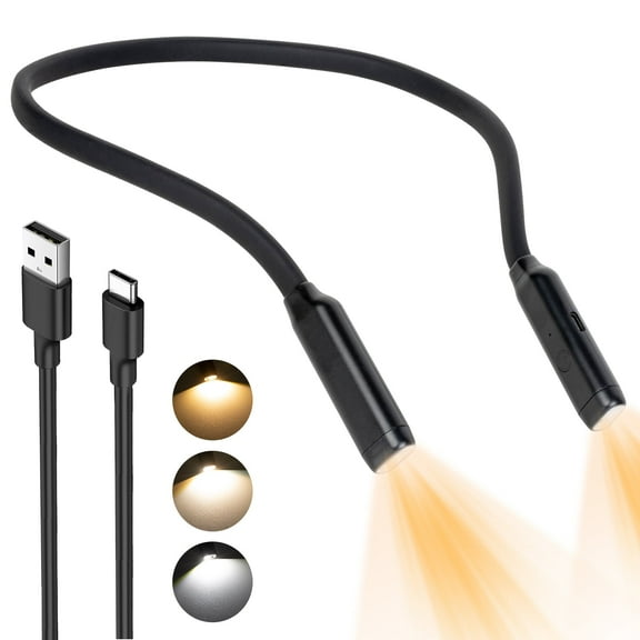 Rechargeable Anion LED Neck Light, 3-Color & Stepless Dimming Reading Lighting, Bendable Neck Light, Perfect Book Light for Reading in Bed, Knitting, Camping, Repairing, Book Lovers Gifts,Black