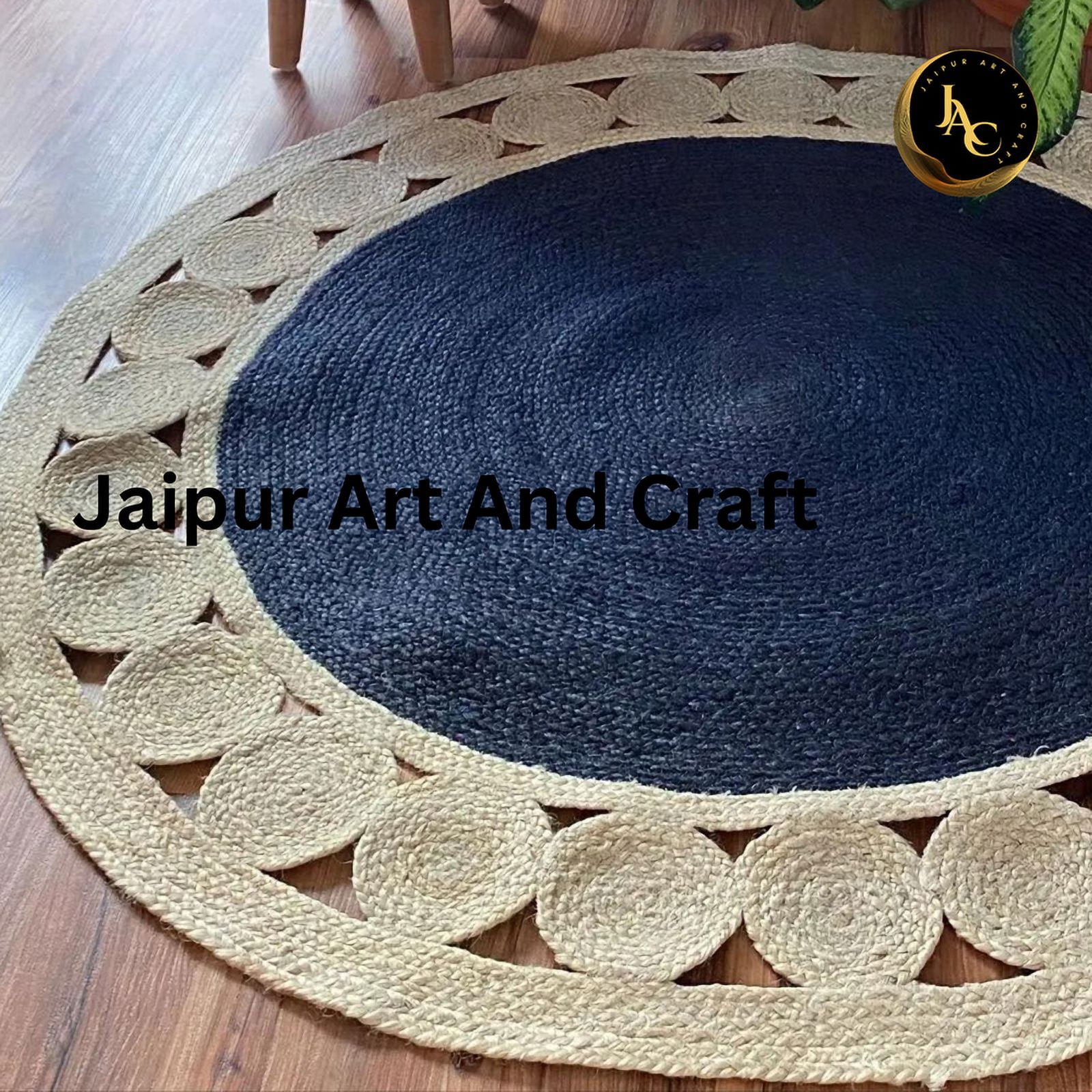 Jaipur Art And Craft Handmade Area Carpet Round Braided Natural Unbleached Jute Rug Blue and White (6x6 Sq Ft)