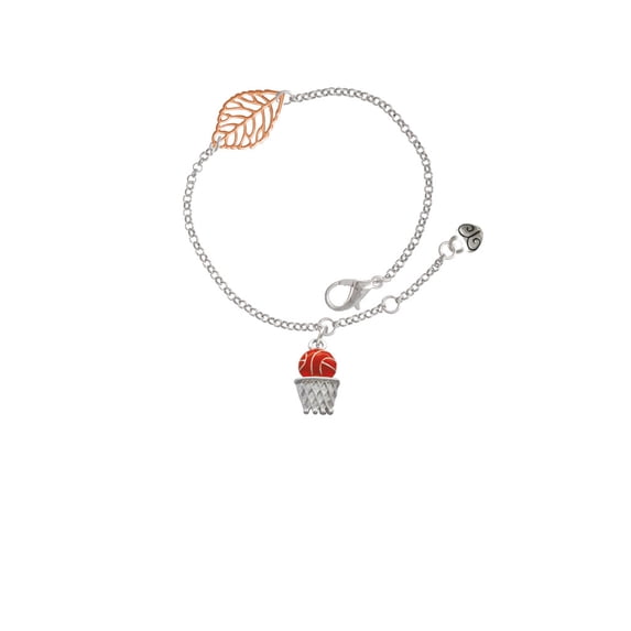 Delight Jewelry Silvertone Basketball - Over Hoop - Rose Goldtone Leaf Delicate Bracelet, 6.25+1.75"