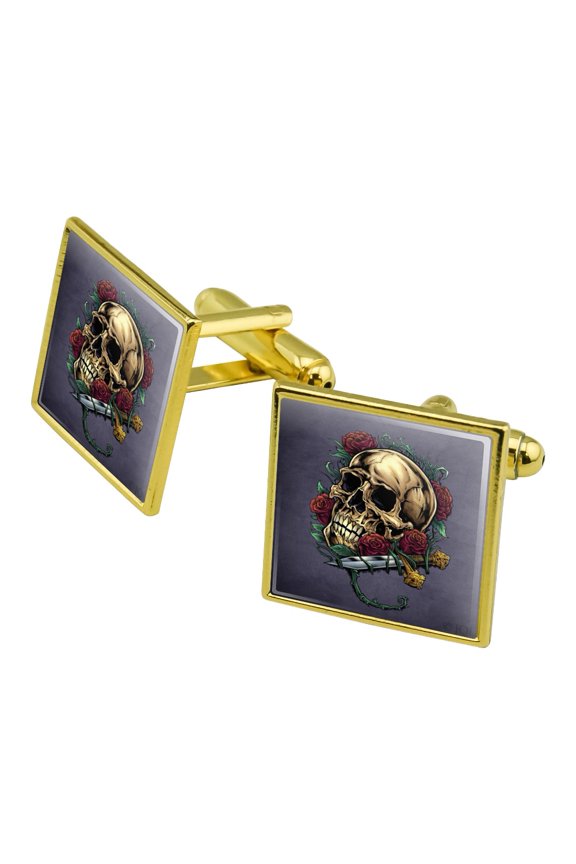 Roses Skull and Dagger Square Cufflink Set - Silver or Gold