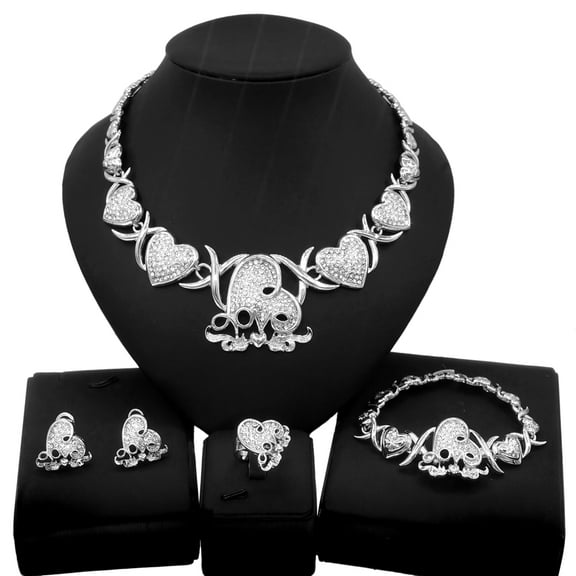 Women's Hugs & Kisses XOXO 4 Pieces Necklace Set Hearts Charm Necklace Ring Bracelet & Earrings Real Gold Pated Layered #125 Silver