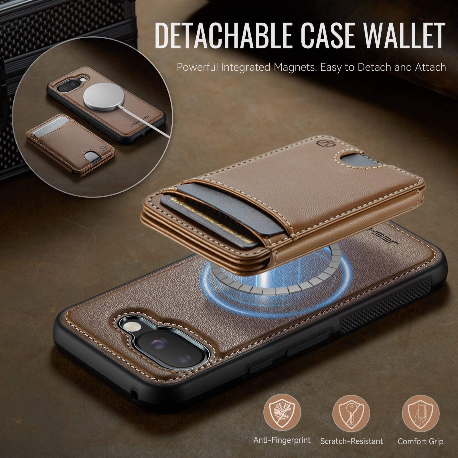 For Google Pixel 10A Phone Case,2-in-1 Magnetic Removable Flip Card Holder,Compatible With Mag-Safe,Anti-Scratch PU Leather,With Card Slots,Kickstand,Shockproof Durable Phone Case,Brown