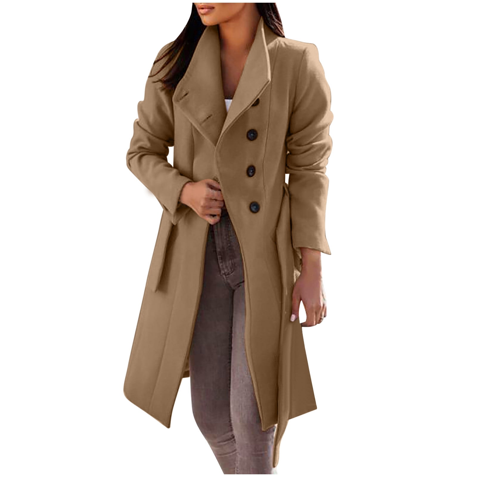 Women Winter Warm Wool Blend Mid Long Coat Lapel Single Breasted Jacket Outwear Pea Coat for Cold Weather
