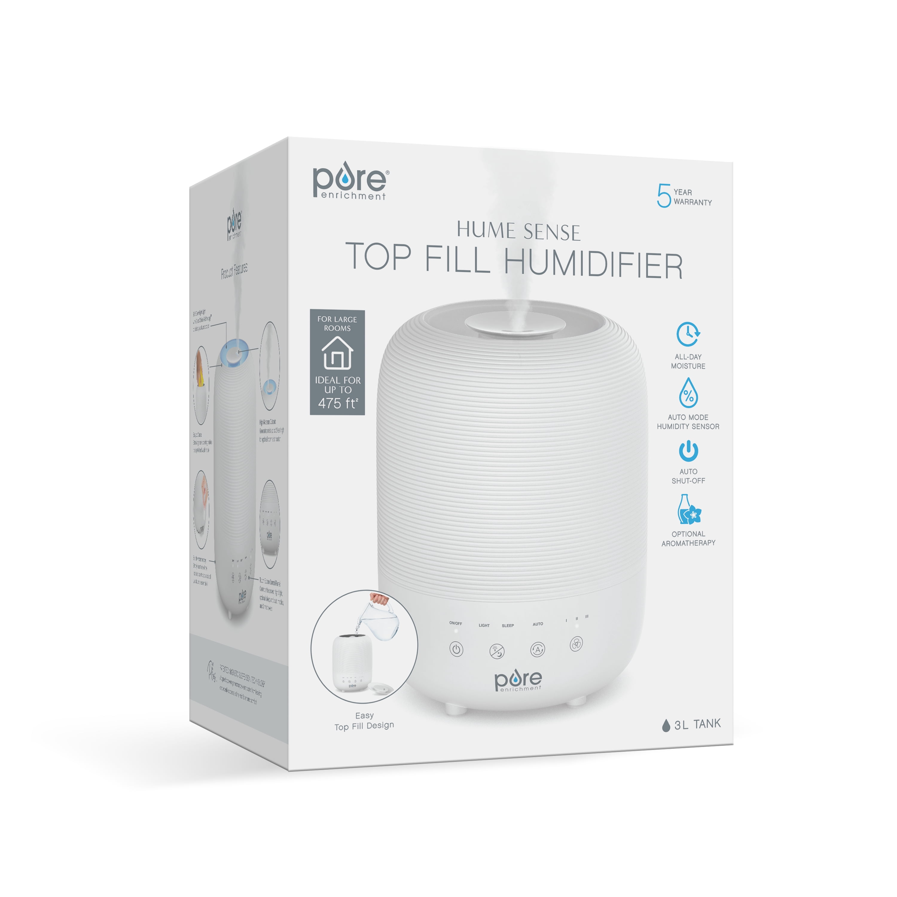 Pure Enrichment HUME Sense Top Fill Humidifier – Large 3L Tank, Auto Mode Humidity Sensor, 3 Mist Settings, Optional Night Light, Optional Aromatherapy, Sleep Mode & Auto Shut-Off