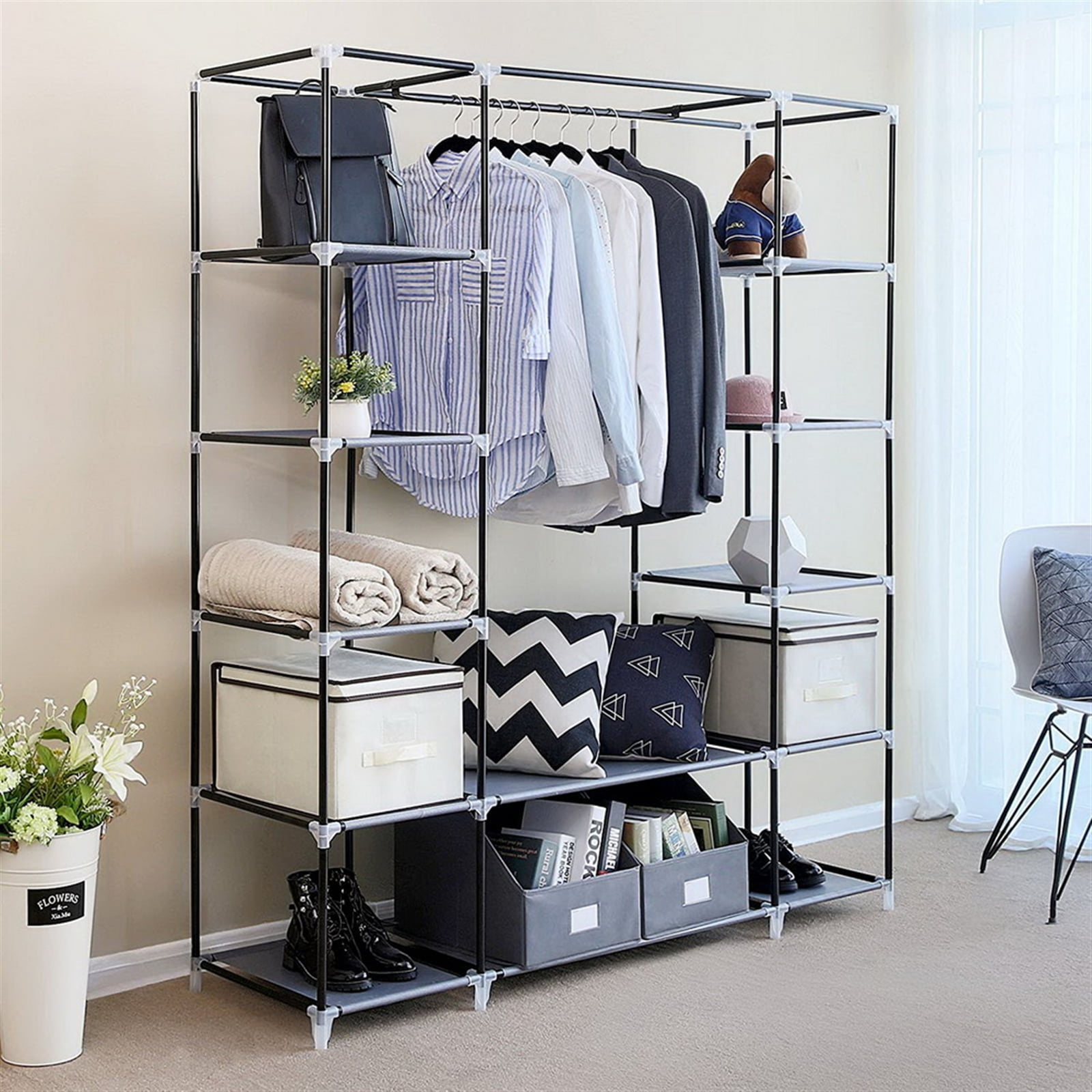 69" Portable Clothes Closet Wardrobe Storage Organizer with Non-Woven Fabric Quick and Easy to Assemble Extra Strong and Durable, Black