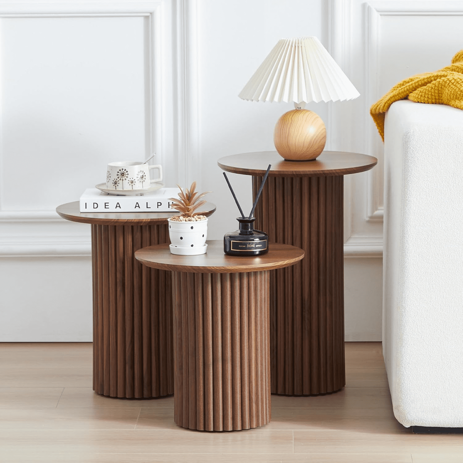 LEFHDA Fluted Round End Tables Set of 3, Mid Century Modern Wooden Coffee Table, Small Bedside Table Accent Cabinet for Living Room, Bedroom, Entryway (Walnut)