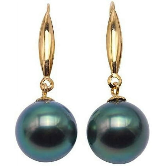 JYX Pearl 18K Gold Drop Earrings AAA Quality 9mm Peacock Green Tahitian Saltwater Cultured Pearl Dangle Earrings for Women