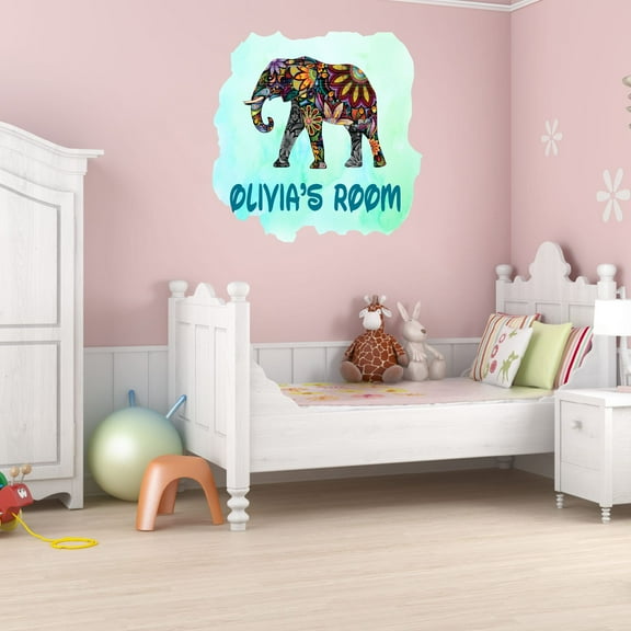 Animal Watercolor Custom Name Wall Decals for Kids Room - Decorative Elephant Floral Print Design Floral Personalized Bedroom Wall Sticker Water Color Style - Size: 10 In x 10 In