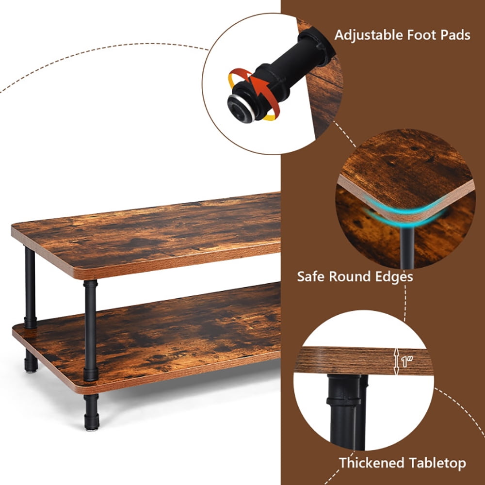 Finihen Rectangular Coffee Table, Industrial Vintage Coffee Table with 2-Tier Storage Shelf, for Living Room, Reception Room, Office, Brown Finihen Rectangular Coffee Table, Industrial Vintage Coffee Table with 2-Tier Storage Shelf, for Living Room, Reception Room, Office, Brown
