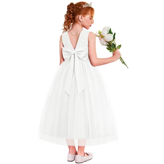 Oudiya Flower Girls Dress Bowknot V-Back Formal Pageant Ball Gown Party Wedding Tulle Long Dresses, 4-12Y