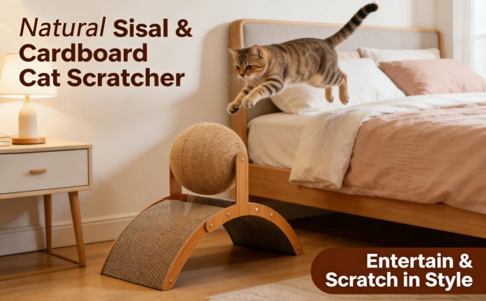 Cat Scratching Ball On Stand, Interactive Cat Scratcher with 360° Rotating Sisal Ball, Cat Scratching Post with Arch Bridge Balls, Cat Scratcher Board for Indoor, Protects Furniture & Rugs