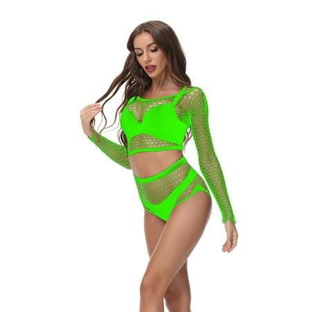 

Womens Underwear Lingerie Fishnet Seamless Mesh Netting Chemise Hollow Out Babydoll Sleepwear Net Tops+Briefs Suit
