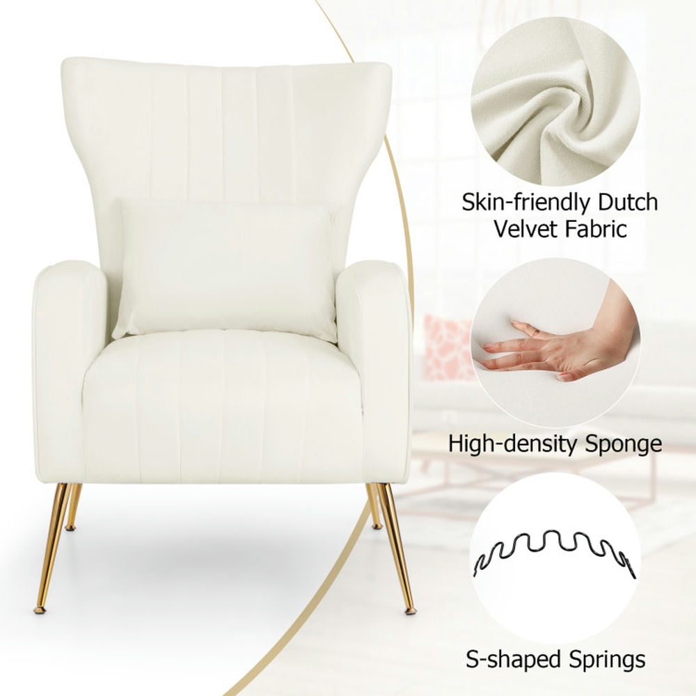 Finihen Accent Chair, Wingback Accent Armchair, Modern Accent Chair, Velvet Upholstered Wingback Chair with Lumbar Pillow and Golden Metal Legs, for Living Room, Bedroom, White Finihen Accent Chair, Wingback Accent Armchair, Modern Accent Chair, Velvet Upholstered Wingback Chair with Lumbar Pillow and Golden Metal Legs, for Living Room, Bedroom, White