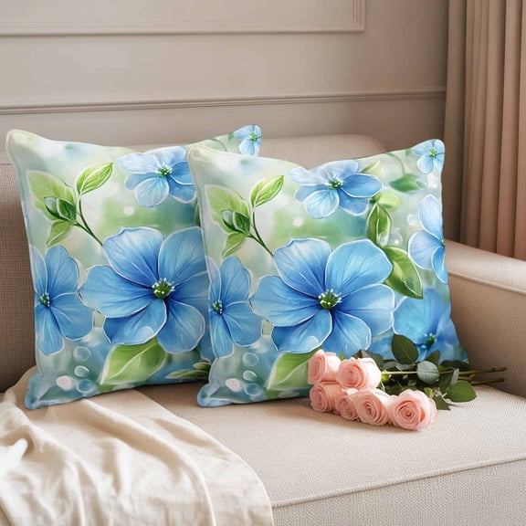 Outdoor Pillow Cover 18x18inch Set of 2, Watercolor Spring Blue Flower Green Leaves Waterproof Decorative Throw Pillow Cover for Couch Sofa, Pastoral Floral Pillowcase Cushion Cases for Patio Garden
