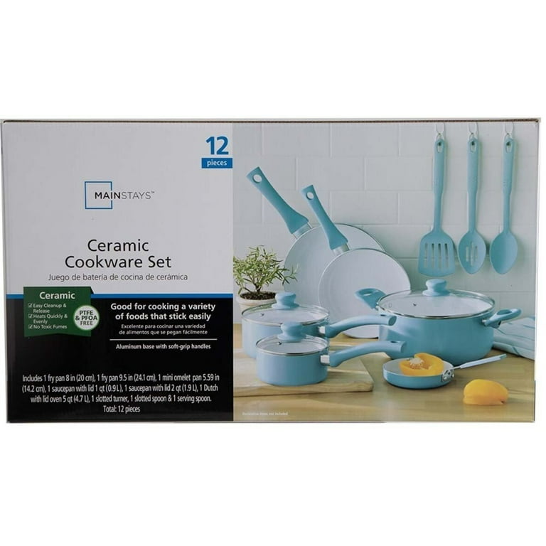 Mainstay Kitchen Accessories 12pc Ceramic Cookware Set, Blue Linen Pots and  Pans Set Kitchen Cookware Set Kitchen Cookware Set