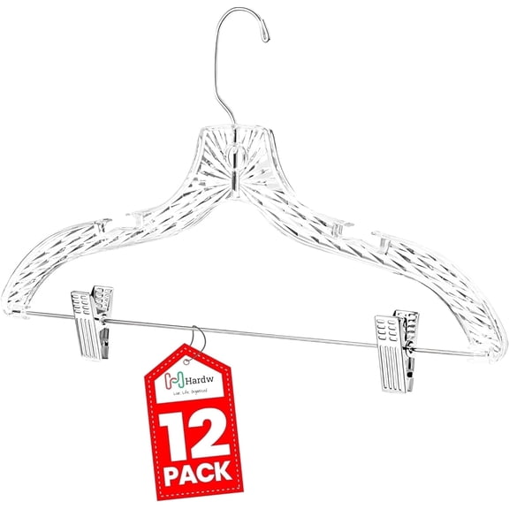 HARDW Clear Plastic Heavy Duty Clothes Hangers with Adjustable Clips - Crystal Clear Plastic Hanger, Durable Adult Hangers for Skirts, Pants, and More - Pack of 12