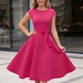 thumbnail image 4 of Womens Short Sleeve Dress Crew Neck Solid Color Tie Waist Midi Elegant Party Dress Hot Pink XL, 4 of 6